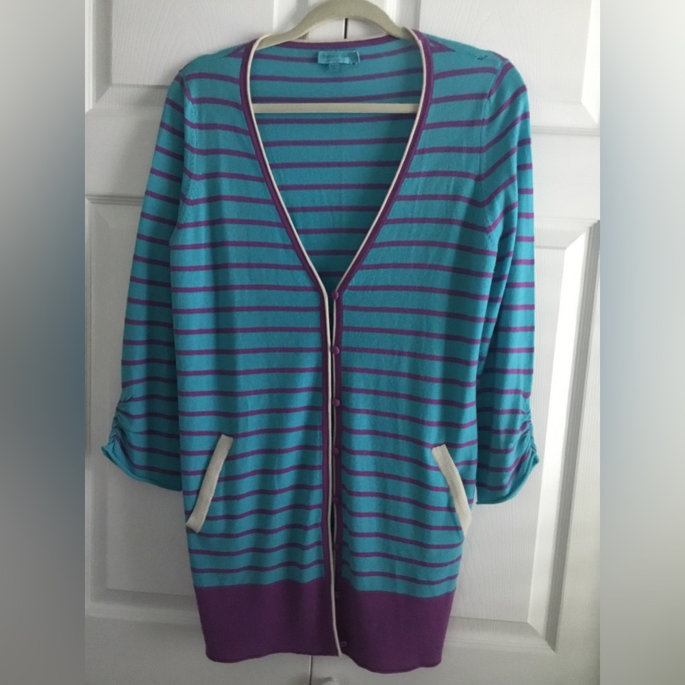 Christiane Celle Calypso Cashmere V Neck Striped Cardigan Size Large